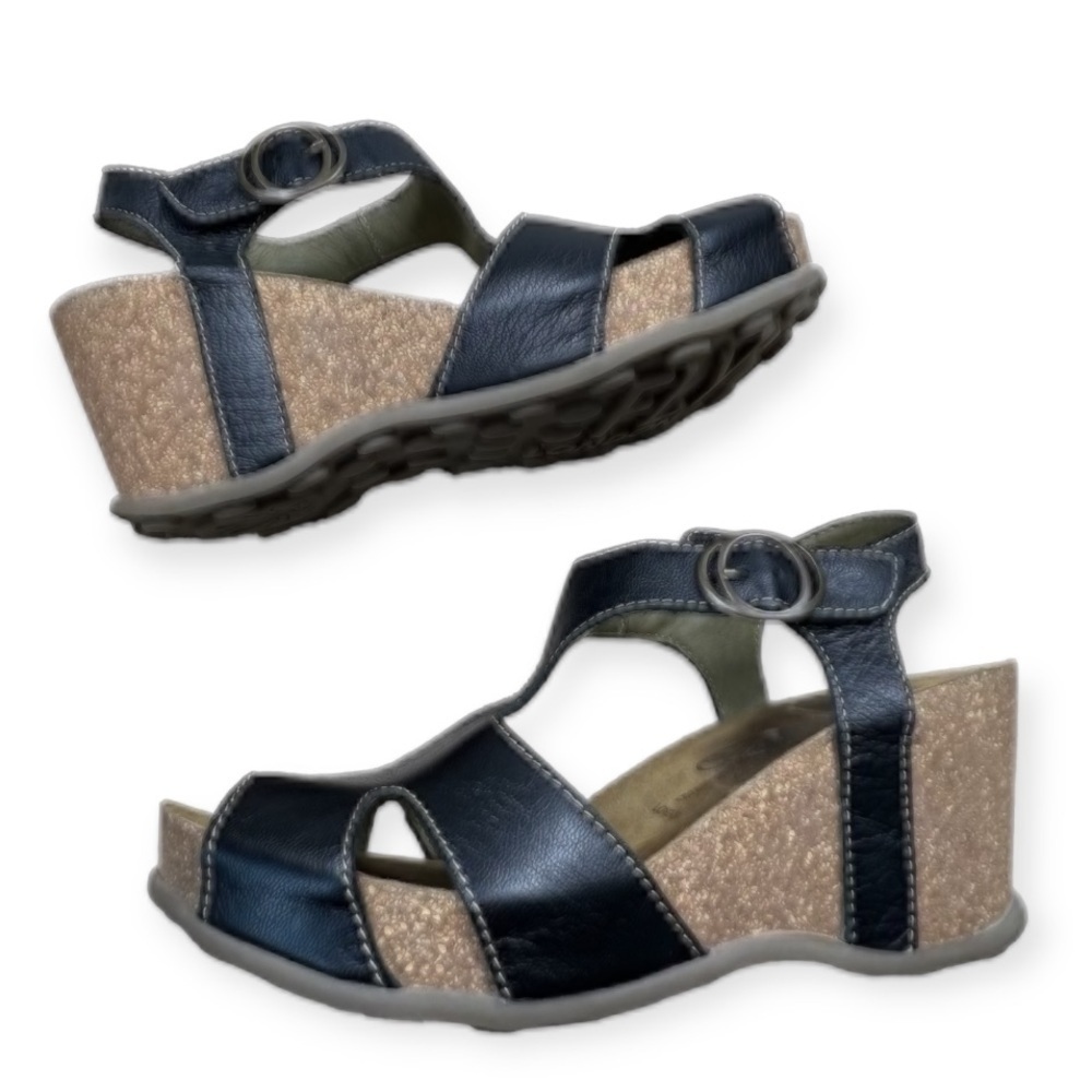 Fly London Goda Wedge Sandal Leather Cork 37 Black - Picture 7 of 12
